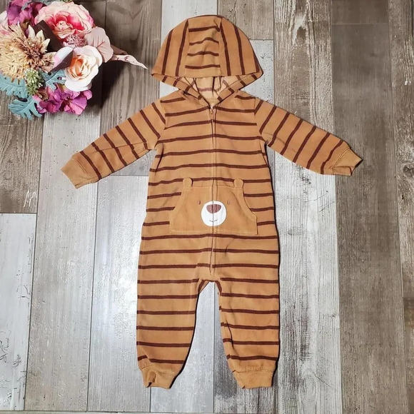 Just One You Carter's 12m Brown Striped Fleece Bear Jumpsuit Coverall Romper - Picture 1 of 12